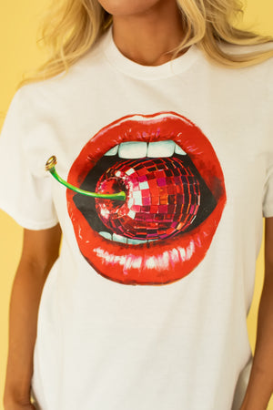 Disco Cherry Lips Graphic Heavy Cotton Tee - White, Closet Candy, 2