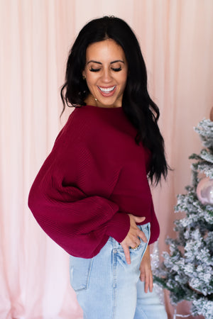 Dreamy Balloon Sleeve Boat Neck Sweater - Cabernet, Closet Candy, 3