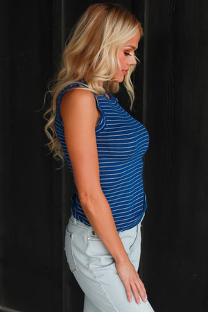 Got That Sweet Side Ribbed Tank Top - Lt. Navy/White, Closet Candy, 4