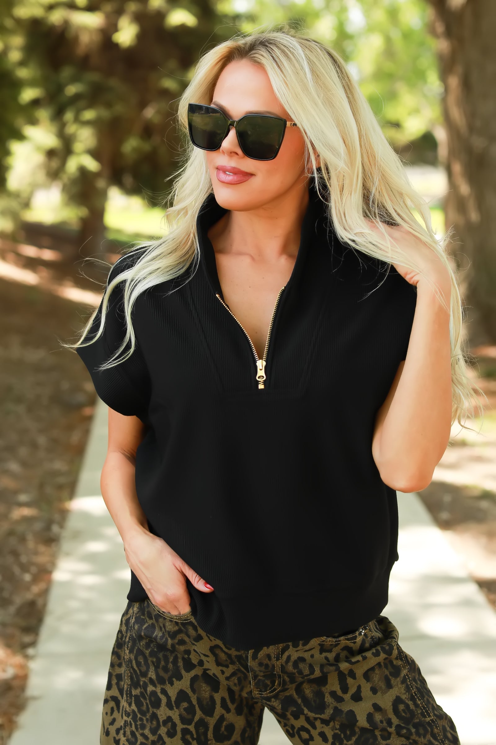 Momo Ribbed Half Zip Top - Black, Closet Candy, 1