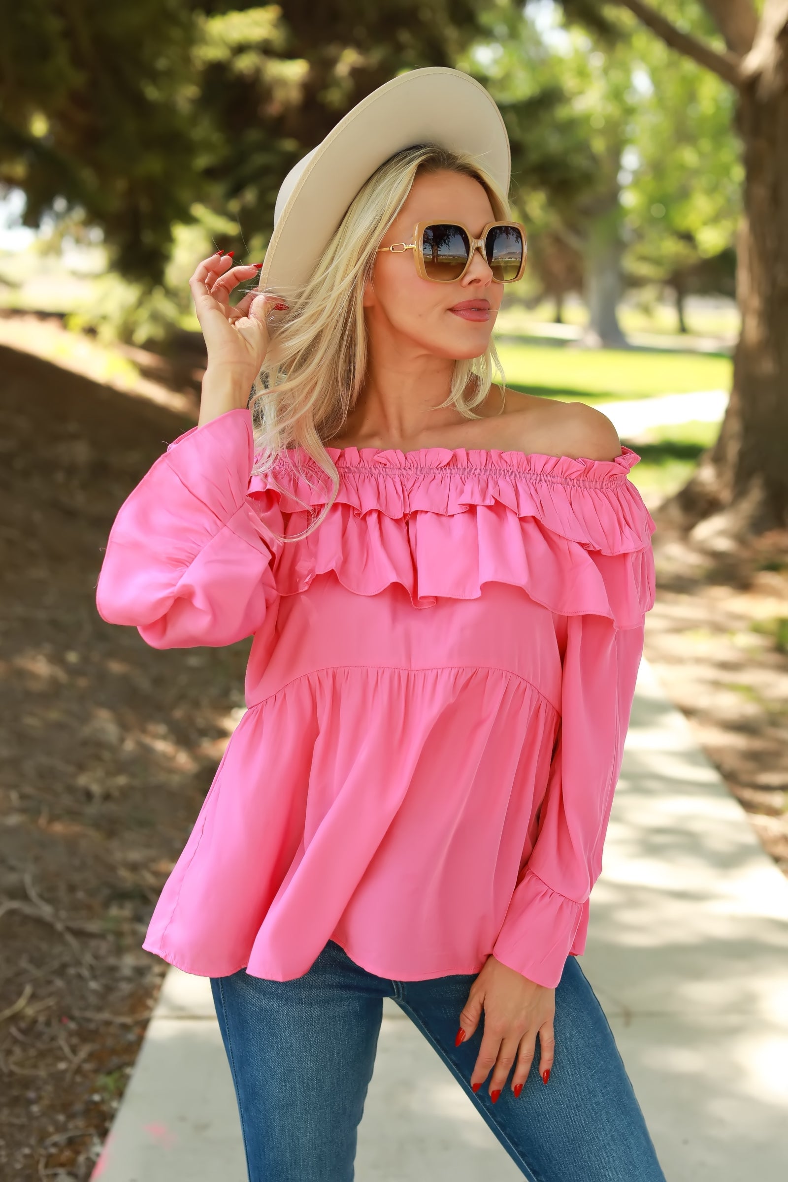Rosé Ruffle Off-Shoulder Top - Fuchsia, Closet Candy, 1