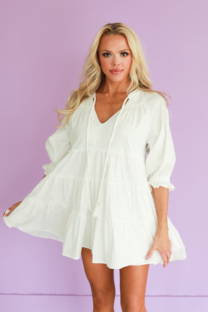 Stay Awhile Tassel Tiered Mini Dress - Off White, Closet Candy, 6