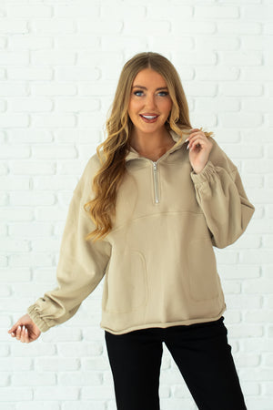 Little Alibi Half-Zip  Sweatshirt - Taupe, Closet Candy, 1