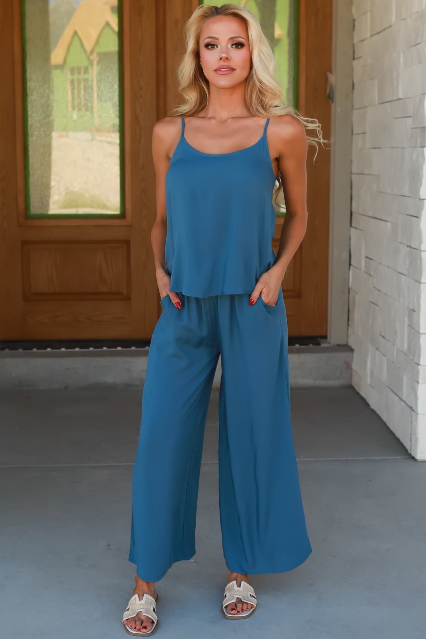 You'll Be Here Woven Cami Set - Dusty Blue, Closet  Candy, 1
