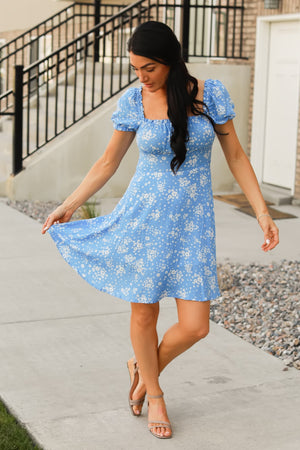 Amelie Floral Puff Mini Dress - Blue Floral, Closet Candy, 6