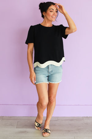 Wave It Off Scallop Hem Top - Black, Closet Candy, 3