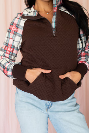 Cozy Cabin Plaid Quarter-Zip Pullover - Brown, Closet Candy, 5