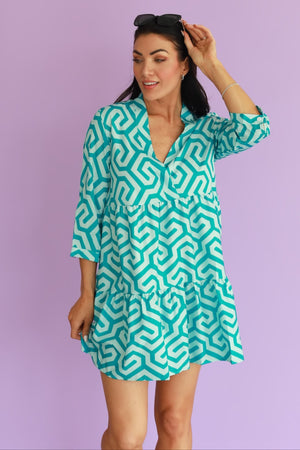 Maze Mirage Tiered Mini Dress - Aqua Blue, Closet Candy, 1