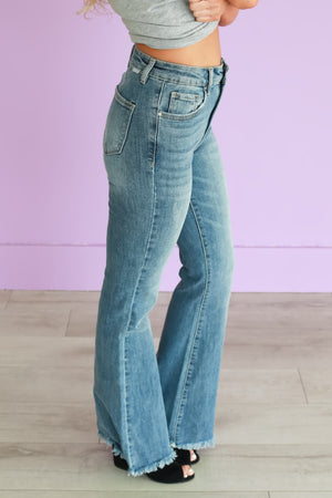 RISEN Dream On High Rise Flare Jeans - Medium Wash, Closet Candy, 4