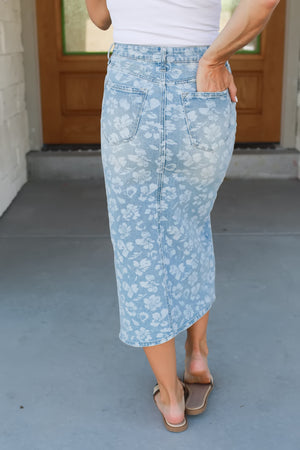 KANCAN Hibiscus High Rise Midi Skirt - Light Wash, Closet Candy, 6