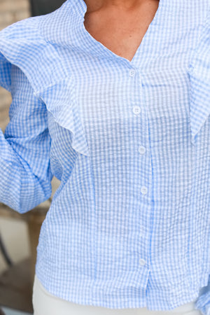 Check Me Out Button-up Plaid Ruffle Shirt, Blue, Closet Candy, 2