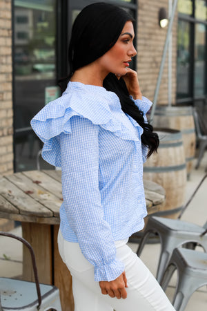 Check Me Out Button-up Plaid Ruffle Shirt, Blue, Closet Candy, 4