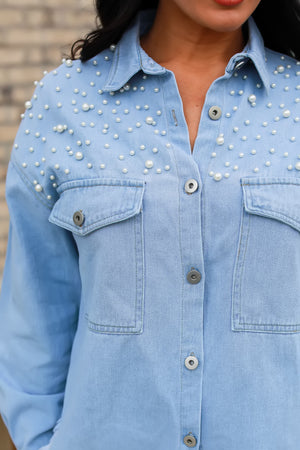All That Glimmers Denim Shacket - Blue, Closet Candy, 2