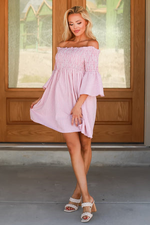 Ain’t Your Girl Off Shoulder Striped Mini Dress - Blush, Closet Candy, 6