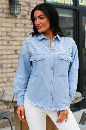 All That Glimmers Denim Shacket - Blue, Closet Candy, 6