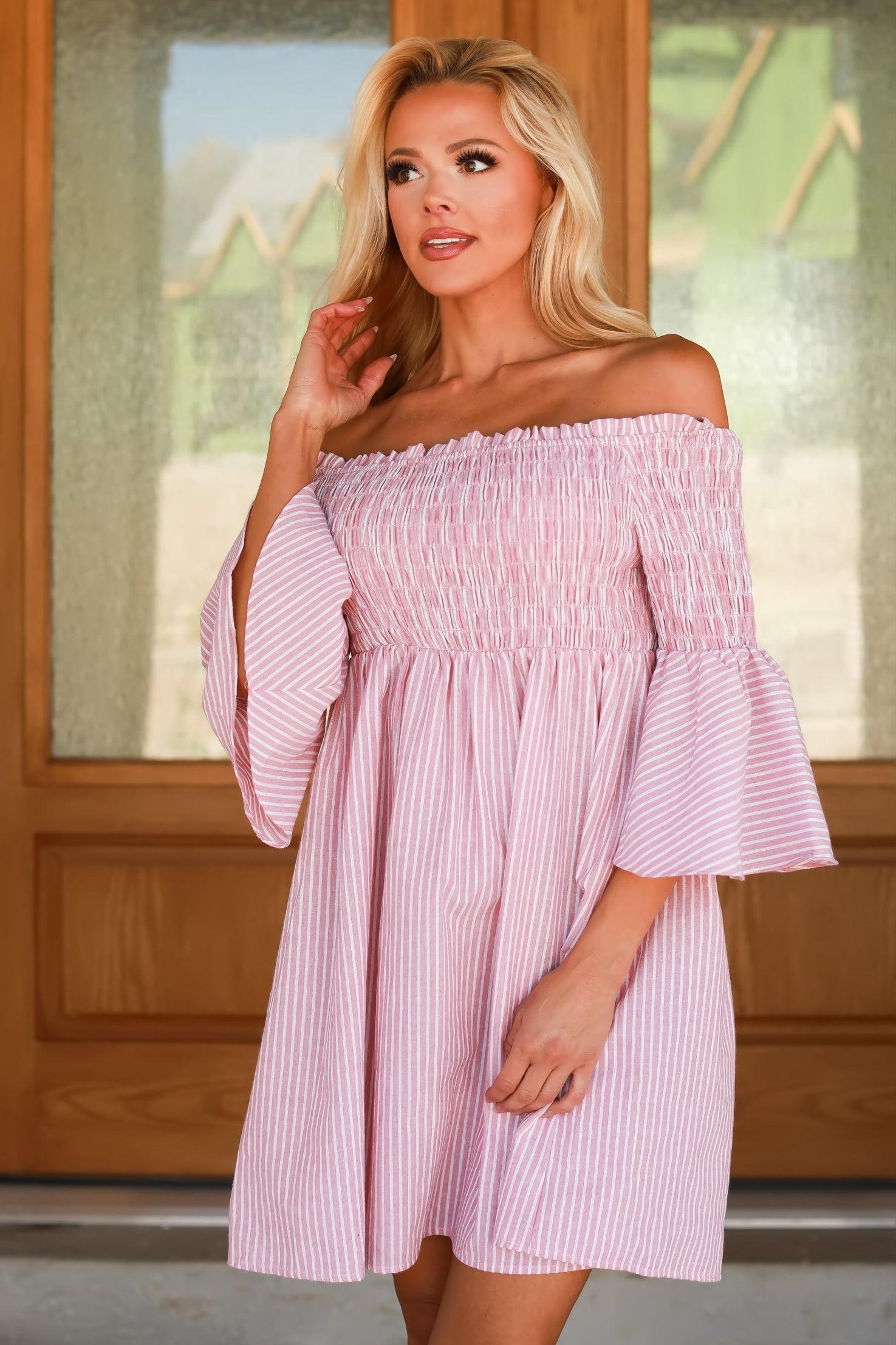 Ain’t Your Girl Off Shoulder Striped Mini Dress - Blush, Closet Candy, 1