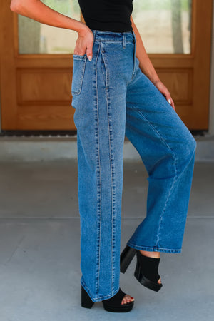 KANCAN Kenya High Rise Wide Leg Flare Jeans - Medium Wash, Closet Candy, 4