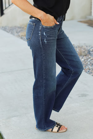 KANCAN Gemma Mid Rise Wide Straight Jeans - Dark Wash, Closet Candy, 4