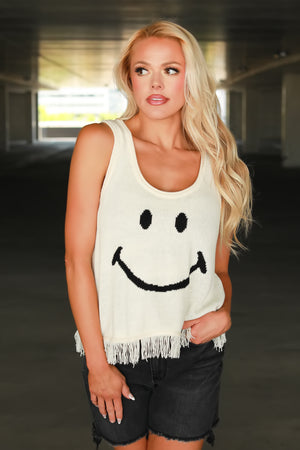 Catch Me Grinning Fringe Tank Top - Cream, Closet Candy, 1