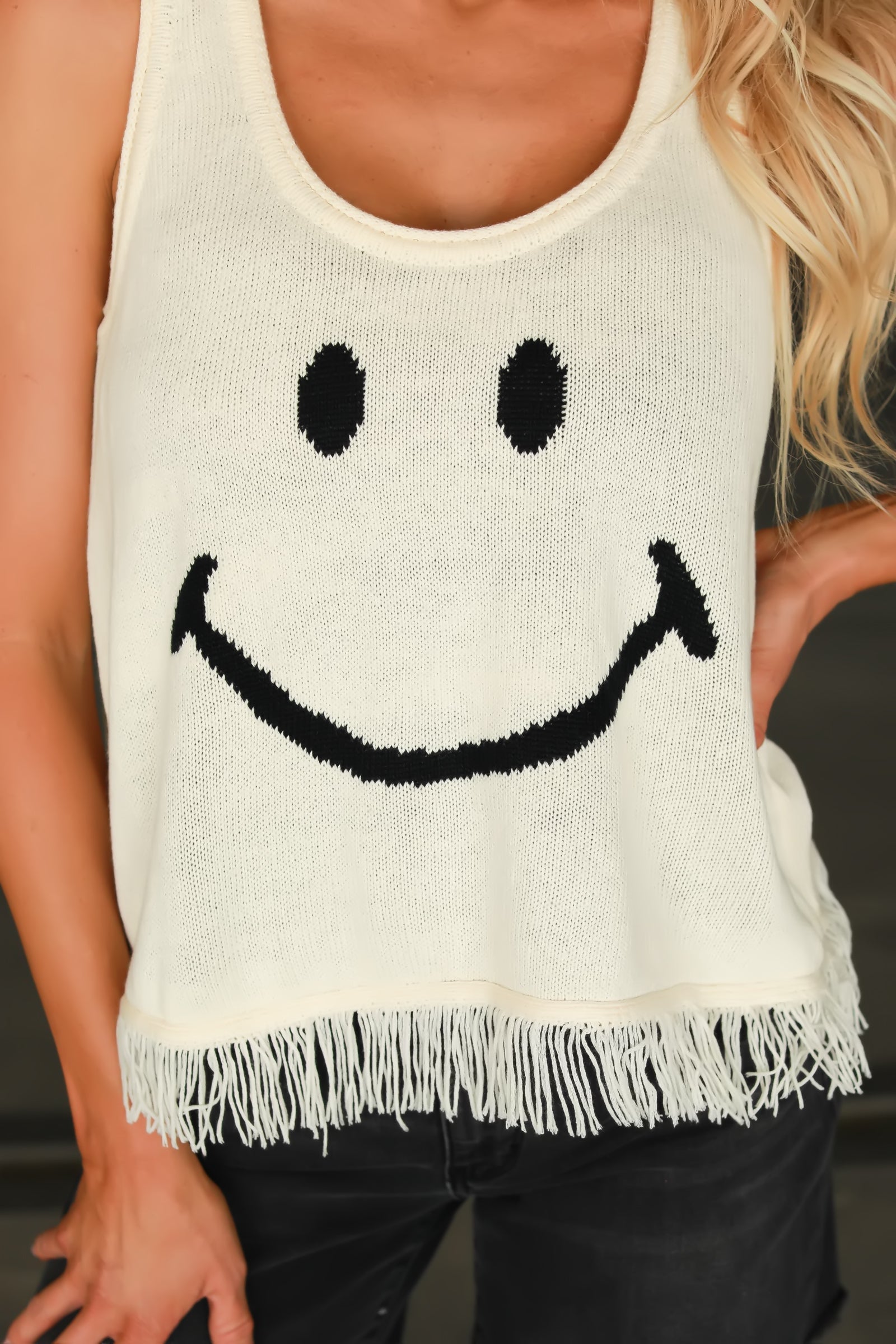 Catch Me Grinning Fringe Tank Top - Cream, Closet Candy, 1