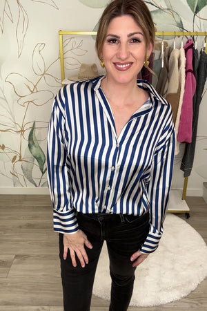 I Bet Ya Satin Blouse - Blue Stripe, Closet Candy, Rachel Fit Video