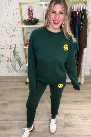Heart Eyes Smiley Embroidered Sweatpants, Sweater, Hunter Green, Closet Candy, Rachel Fit Video