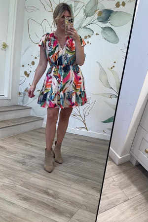 Sunset Splash Mini Dress, Orange, Closet Candy, Rachel Fit Video