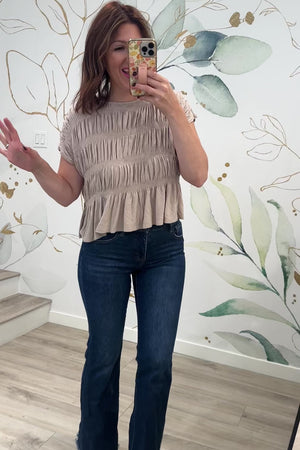 Driftwood Smocked Top, Latte, Closet Candy, Rachel Fit Video