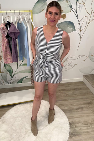 Solène Striped Tie-Waist Romper, Gray, Closet Candy, Rachel Fit Video