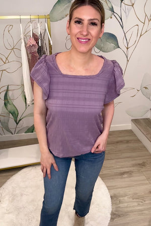 Aurielle Ruffle Sleeve Blouse, Purple, Closet Candy, Rachel Fit Video