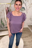 Aurielle Ruffle Sleeve Blouse, Purple, Closet Candy, Rachel Fit Video