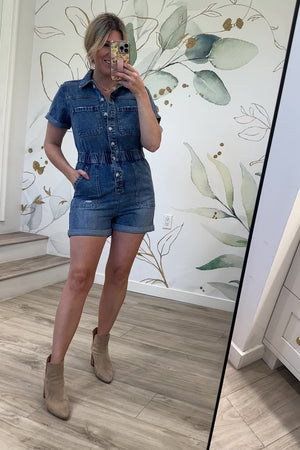 Bluebird Denim Romper, Medium Wash, Closet Candy, Rachel Fit Video