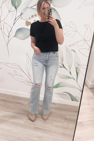 RISEN Kendal High Rise Distressed Flare Jeans - LIGHT WASH, Closet Candy, Rachel Fit Video