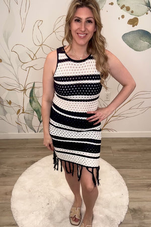 Beachcomber Crochet Stripe Dress - White Navy, Closet Candy, Rachel Fit Video