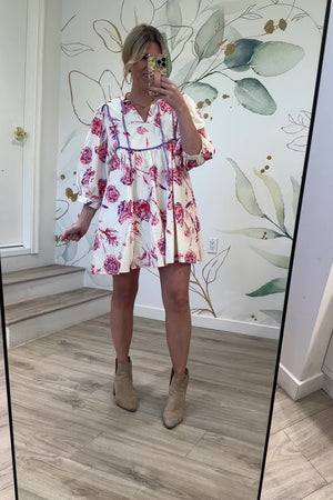 Lost in Bloom Dress, Fuchsia/Lavender, Closet Candy, Rachel Fit Video