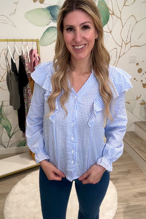Check Me Out Button-up Plaid Ruffle Shirt, Blue, Closet Candy, Rachel Fit Video