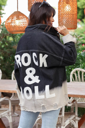 "Rock & Roll" Distressed Denim Jacket - Black, Closet Candy, 4