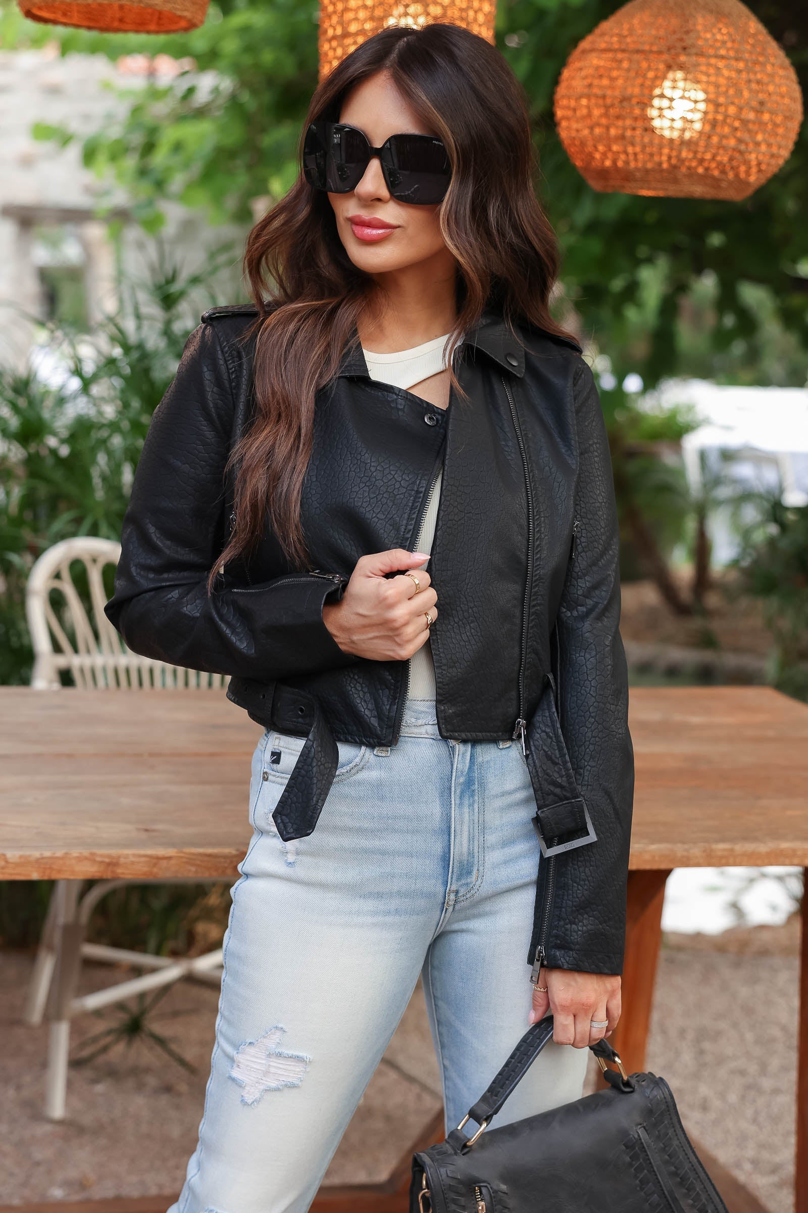 Destiny Cropped Vegan Leather Moto Jacket - Black, Closet Candy, 1