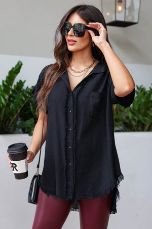 Beautiful Soul Frayed Button Down Top - Black, Closet Candy, 4