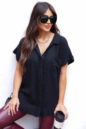 Beautiful Soul Frayed Button Down Top - Black, Closet Candy, 1
