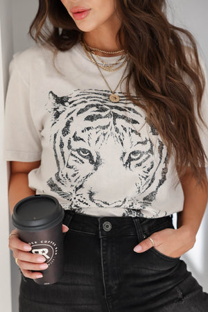 Tiger Face Mineral Wash Graphic T-Shirt - Off White, closet candy, 4