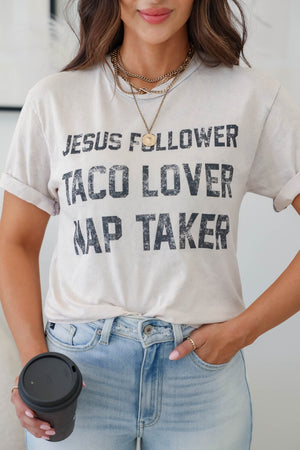 Jesus, Tacos, Naps Mineral Wash Graphic T-Shirt - Off White, closet candy, 4