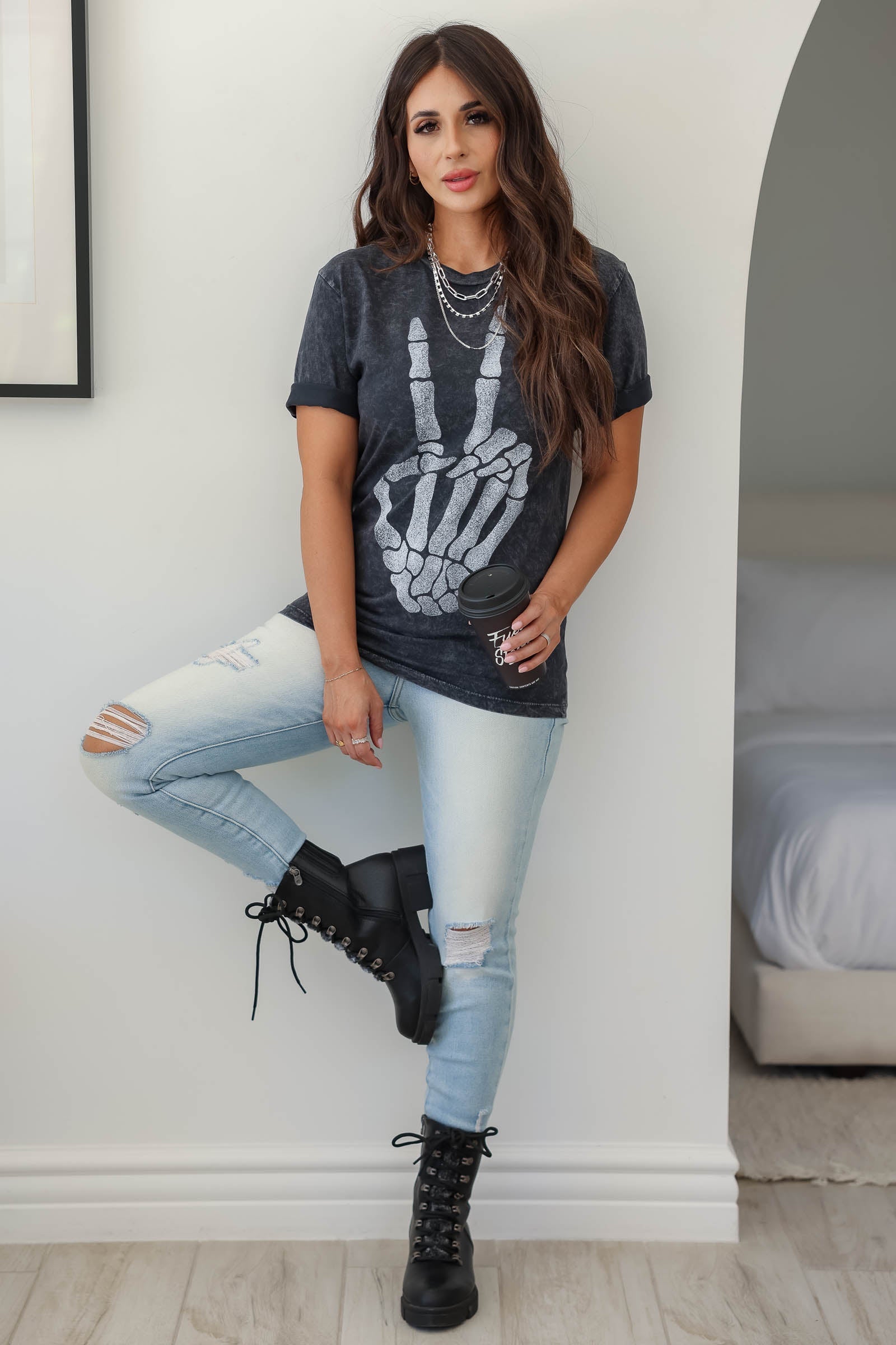 Skeleton Peace Sign Mineral Wash Graphic T-Shirt - Vintage Black, Closet Candy, 1