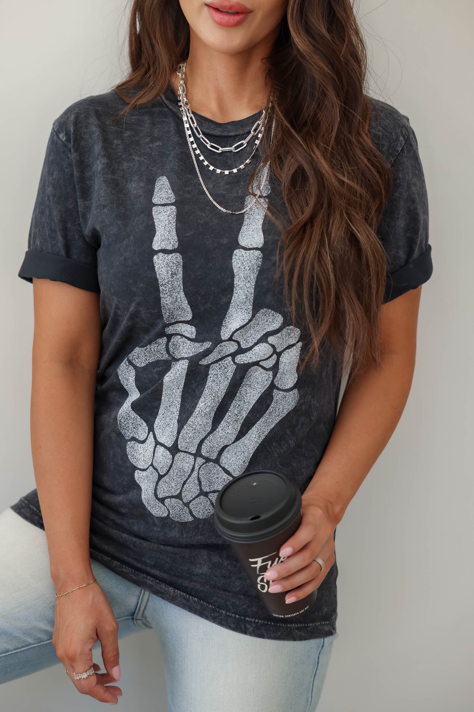 Skeleton Peace Sign Mineral Wash Graphic T-Shirt - Vintage Black, Closet Candy, 1
