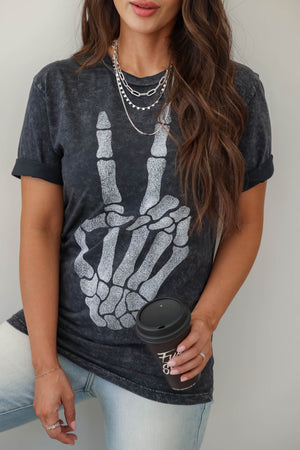 Skeleton Peace Sign Mineral Wash Graphic T-Shirt - Vintage Black, Closet Candy, 2