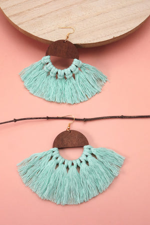 Boho Soul Tassel Fringe Earrings - Mint closet candy women's trendy wood circle fringe tassel hook closure handmade tassel earrings