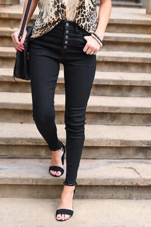KAN CAN Exposed Button Raw Hem Jeans - Black, Closet Candy, 8