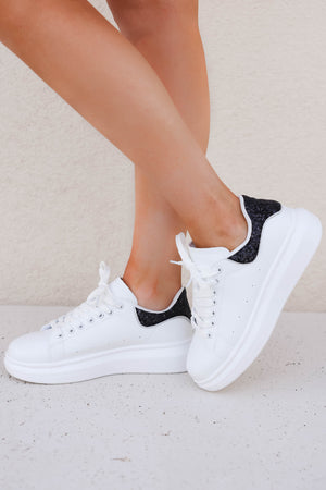 A Little Extra Sneakers - White Black closet candy womens platform tennis shoe with glitter detail 3