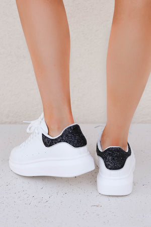 A Little Extra Sneakers - White Black closet candy womens platform tennis shoe with glitter detail 6