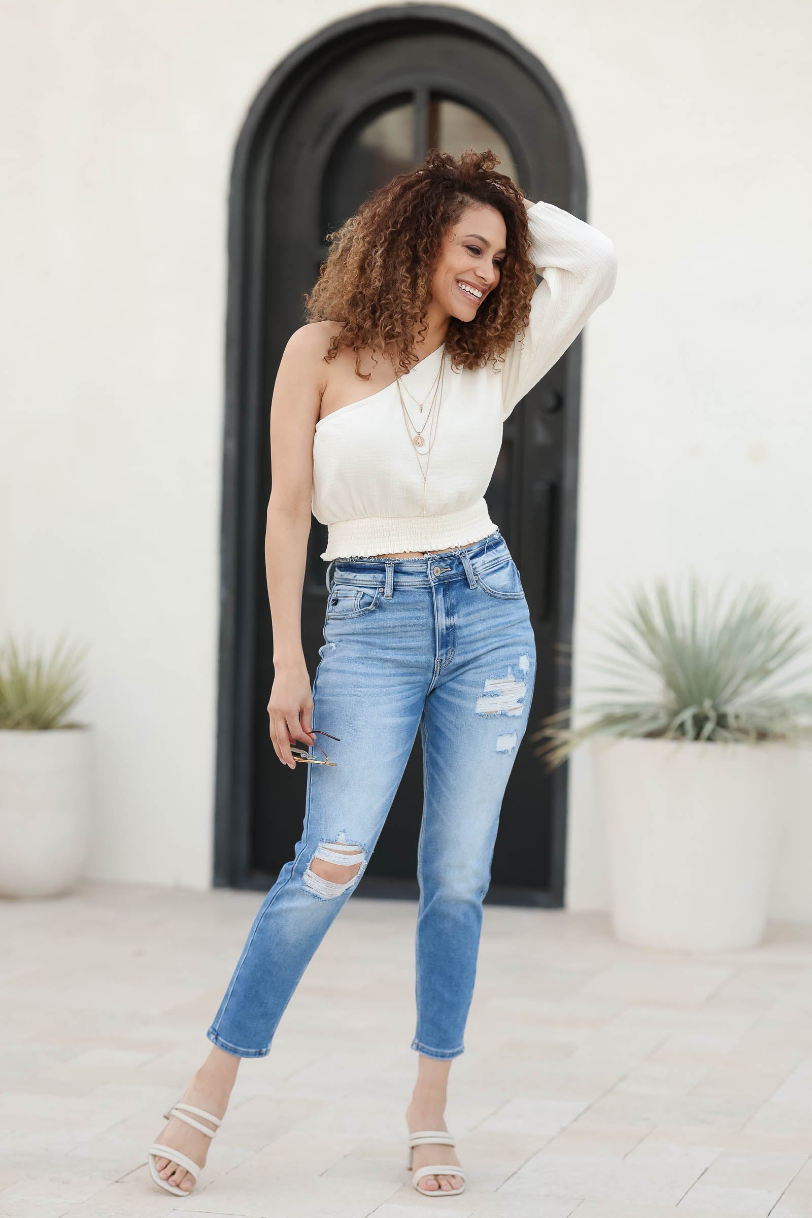 KAN CAN Emma High-Rise Mom Jeans - Light Wash closet candy womens raw edge straight mom denim side 2